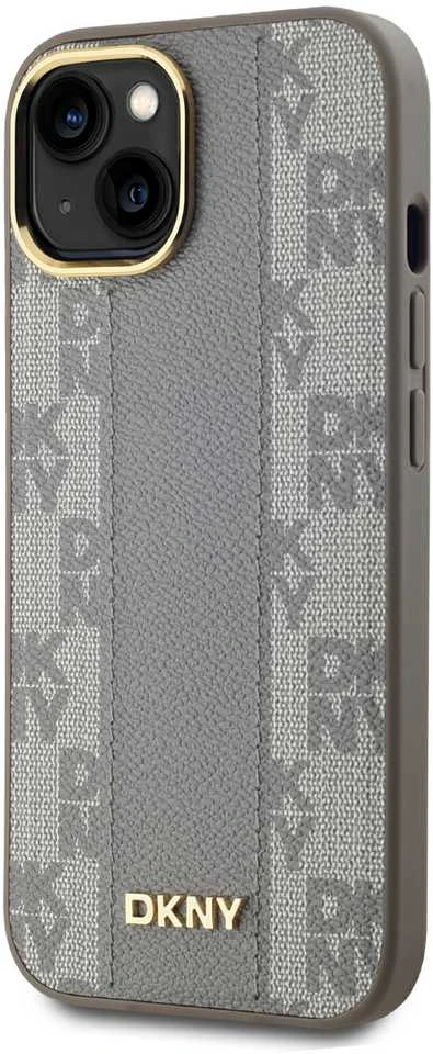 DKNY PU Leather Checkered Pattern Magsafe dėklas telefonui Apple iPhone 15 rusvai gelsvas