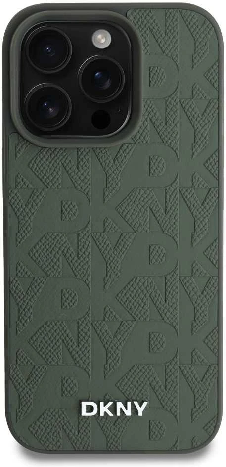 DKNY PU Leather Grid Pattern Magsafe Apple iPhone 16 Pro dėklas telefonui žalios spalvos