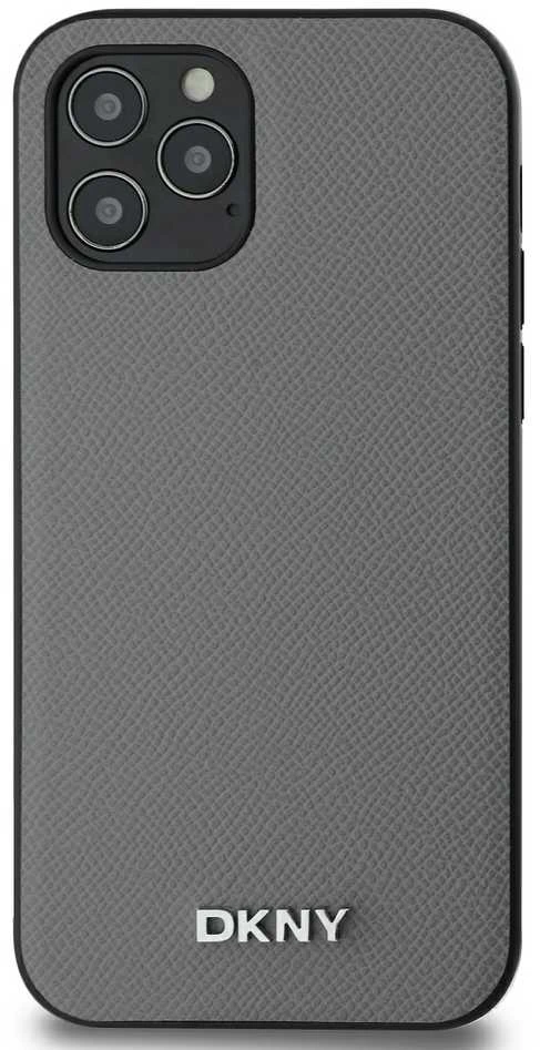 DKNY PU Leather Sidabrinis Metal Logo Magsafe dėklas telefonui Apple iPhone 12/12 Pro pilkos spalvos