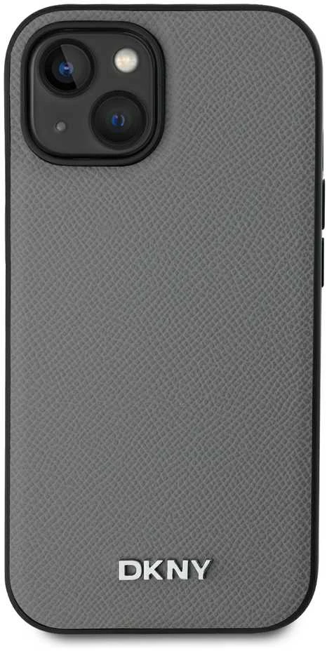 DKNY PU Leather Sidabrinis Metal Logo Magsafe dėklas telefonui Apple iPhone 14 pilkos spalvos