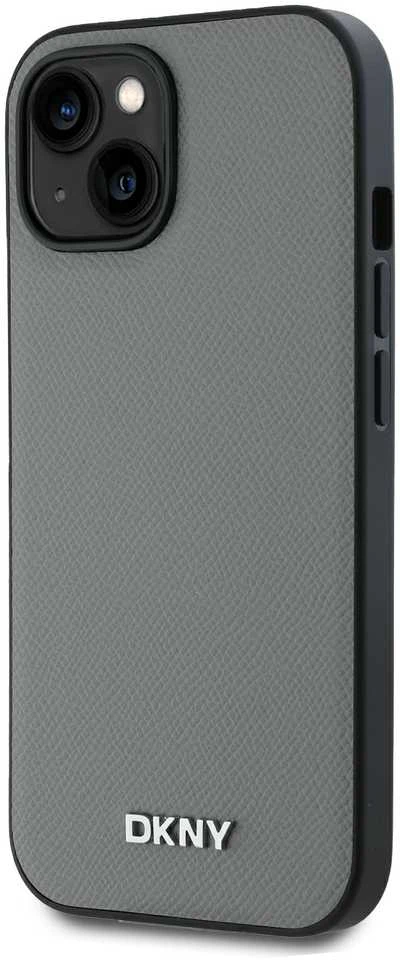 DKNY PU Leather Sidabrinis Metal Logo Magsafe dėklas telefonui Apple iPhone 14 pilkos spalvos