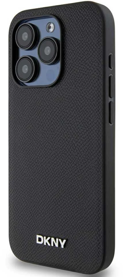 DKNY PU Leather Sidabrinis Metal Logo Magsafe dėklas telefonui Apple iPhone 15 Pro Max juodos spalvos