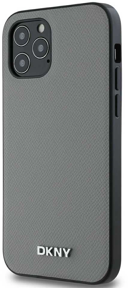 DKNY PU Leather Sidabrinis Metal Logo Magsafe dėklas telefonui Apple iPhone 12/12 Pro pilkos spalvos