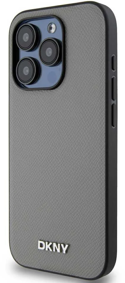 DKNY PU Leather Sidabrinis Metal Logo Magsafe dėklas telefonui Apple iPhone 15 Pro Max pilkos spalvos