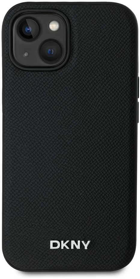 DKNY PU Leather Sidabrinis Metal Logo Magsafe dėklas telefonui Apple iPhone 14 juodos spalvos