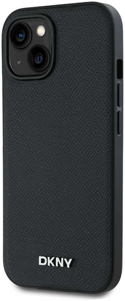 DKNY PU Leather Sidabrinis Metal Logo Magsafe dėklas telefonui Apple iPhone 14 juodos spalvos