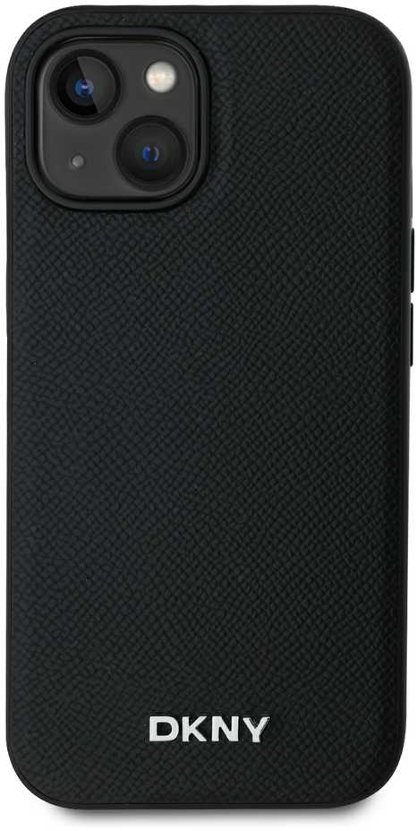 DKNY PU Leather Sidabrinis Metal Logo Magsafe dėklas telefonui Apple iPhone 15 juodos spalvos