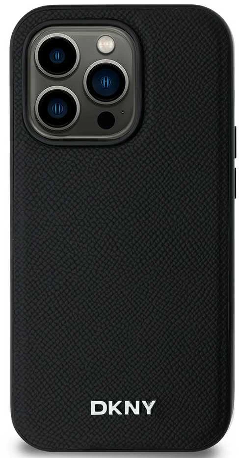 DKNY PU Leather Sidabrinis Metal Logo Magsafe dėklas telefonui Apple iPhone 14 Pro juodos spalvos