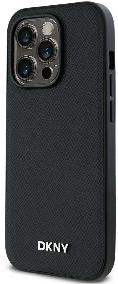 DKNY PU Leather Sidabrinis Metal Logo Magsafe dėklas telefonui Apple iPhone 14 Pro Max juodos spalvos