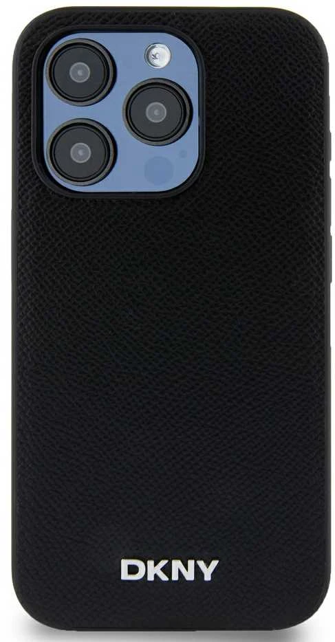 DKNY PU Leather Sidabrinis Metal Logo Magsafe dėklas telefonui Apple iPhone 15 Pro juodos spalvos