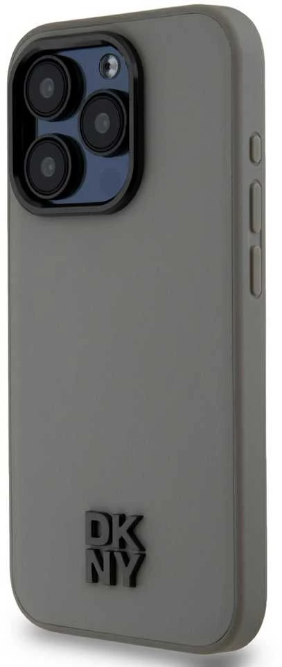 DKNY PU Leather Stack Logo Magsafe dėklas telefonui Apple iPhone 15 Pro pilkos spalvos