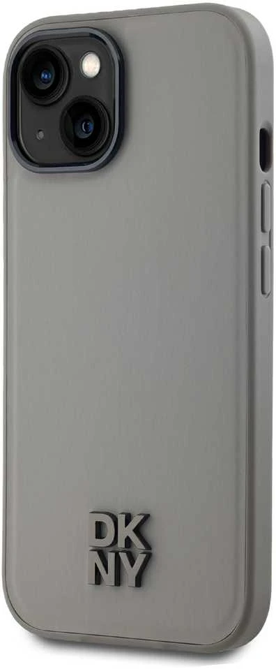 DKNY PU Leather Stack Logo Magsafe dėklas telefonui Apple iPhone 15 pilkos spalvos