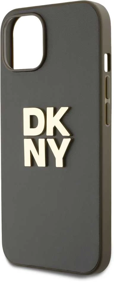 DKNY PU Leather Stack Logo Wrist Strap dėklas telefonui Apple iPhone 13 rudos spalvos