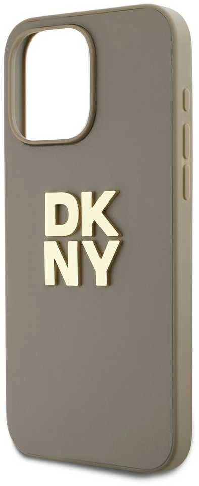DKNY PU Leather Stack Logo Wrist Strap dėklas telefonui Apple iPhone 14 Pro Max rusvai gelsvas