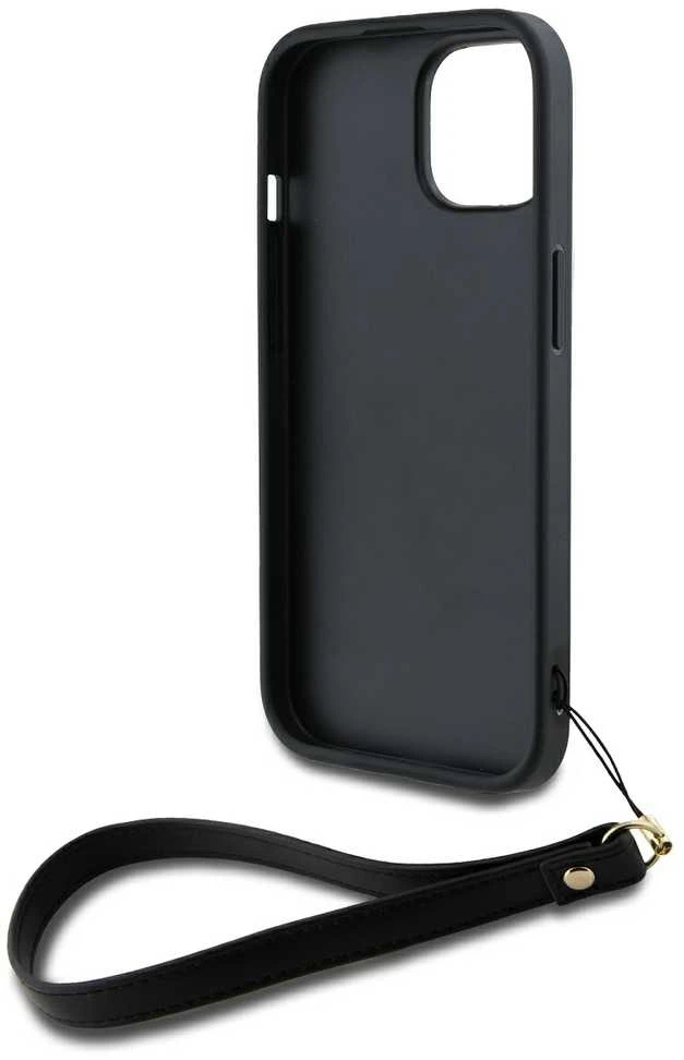 DKNY PU Leather Stack Logo Wrist Strap dėklas telefonui Apple iPhone 13 juodos spalvos