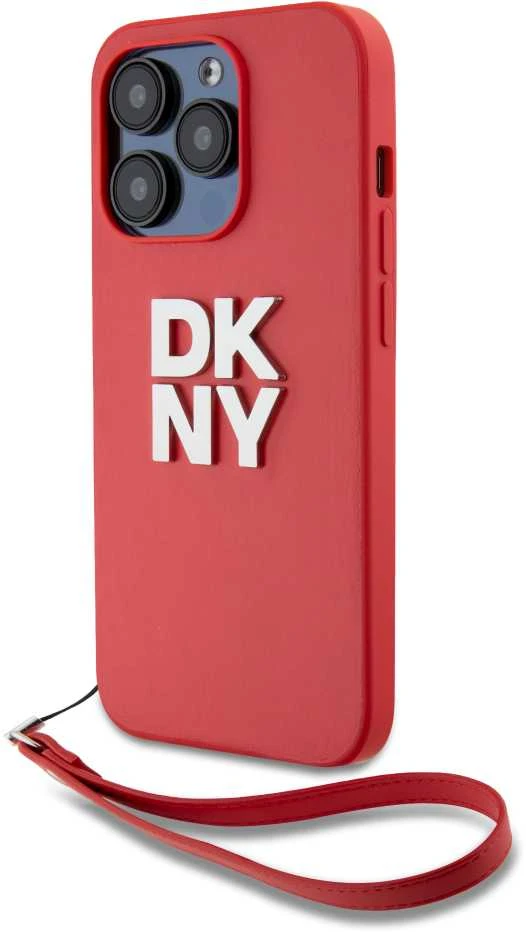 DKNY PU Leather Stack Logo Wrist Strap dėklas telefonui Apple iPhone 14 Pro raudonos spalvos