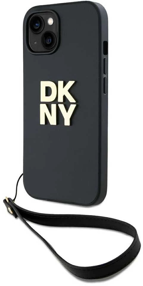 DKNY PU Leather Stack Logo Wrist Strap dėklas telefonui Apple iPhone 13 juodos spalvos
