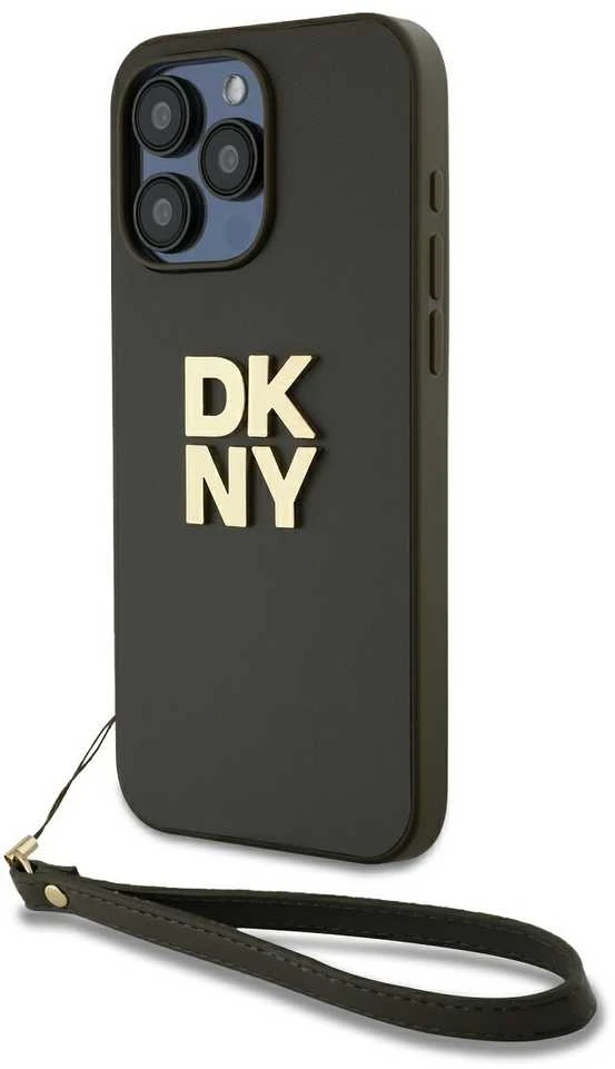 DKNY PU Leather Stack Logo Wrist Strap dėklas telefonui Apple iPhone 14 Pro Max rudos spalvos