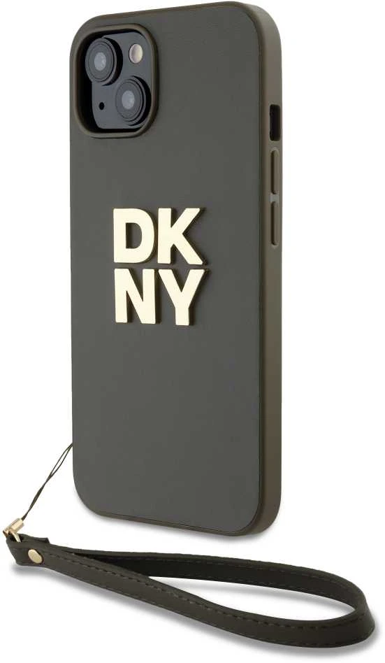 DKNY PU Leather Stack Logo Wrist Strap dėklas telefonui Apple iPhone 13 rudos spalvos