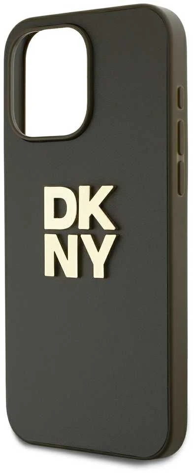 DKNY PU Leather Stack Logo Wrist Strap dėklas telefonui Apple iPhone 15 Pro rudos spalvos