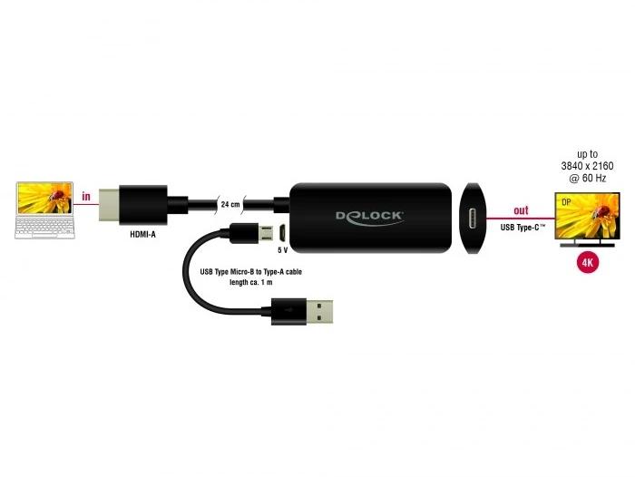 DLC DELOCK adapteris HDMI M USB Type-C F DP Alt režimas 24 cm aktyvus 4K 60 Hz