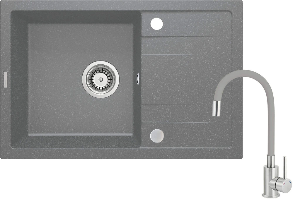 Granitinė virtuvinė plautuvė Deante Corio su maišytuvu, ZRCPS113, Metallic pilkas+Pilkas/steel
