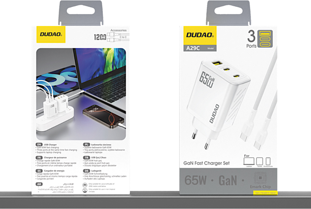 Dudao A29C 65W GaN laidinis įkroviklis + USB-C kabelis – baltos spalvos