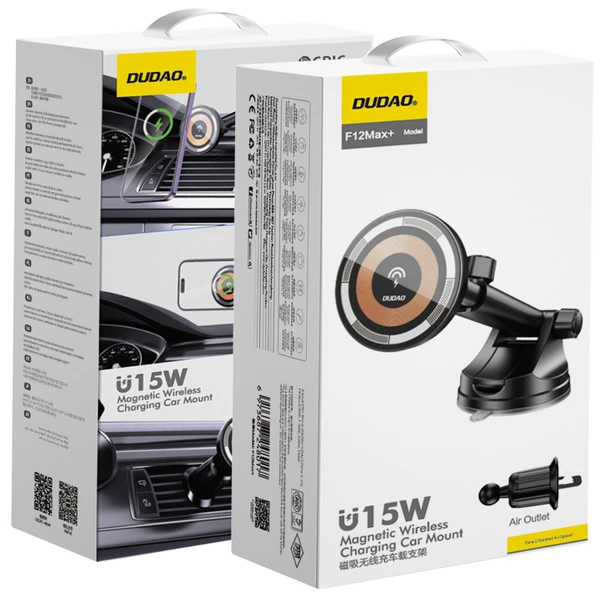 Laikiklis automobilinis Dudao F12MAX+ su ładowarką bezprzewodową 15W kompatybilny su Magsafe - juoda