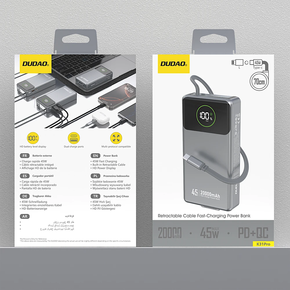 Dudao K31 Pro 45W 20000mAh išorinė baterija su įmontuotu ištraukiamu USB-C laidu – pilkos spalvos