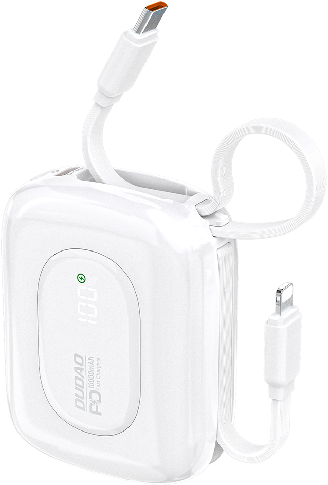 Dudao K32 22,5 W 10000 mAh išorinė baterija su integruotu USB-C / „Lightning“ laidu – baltos spalvos