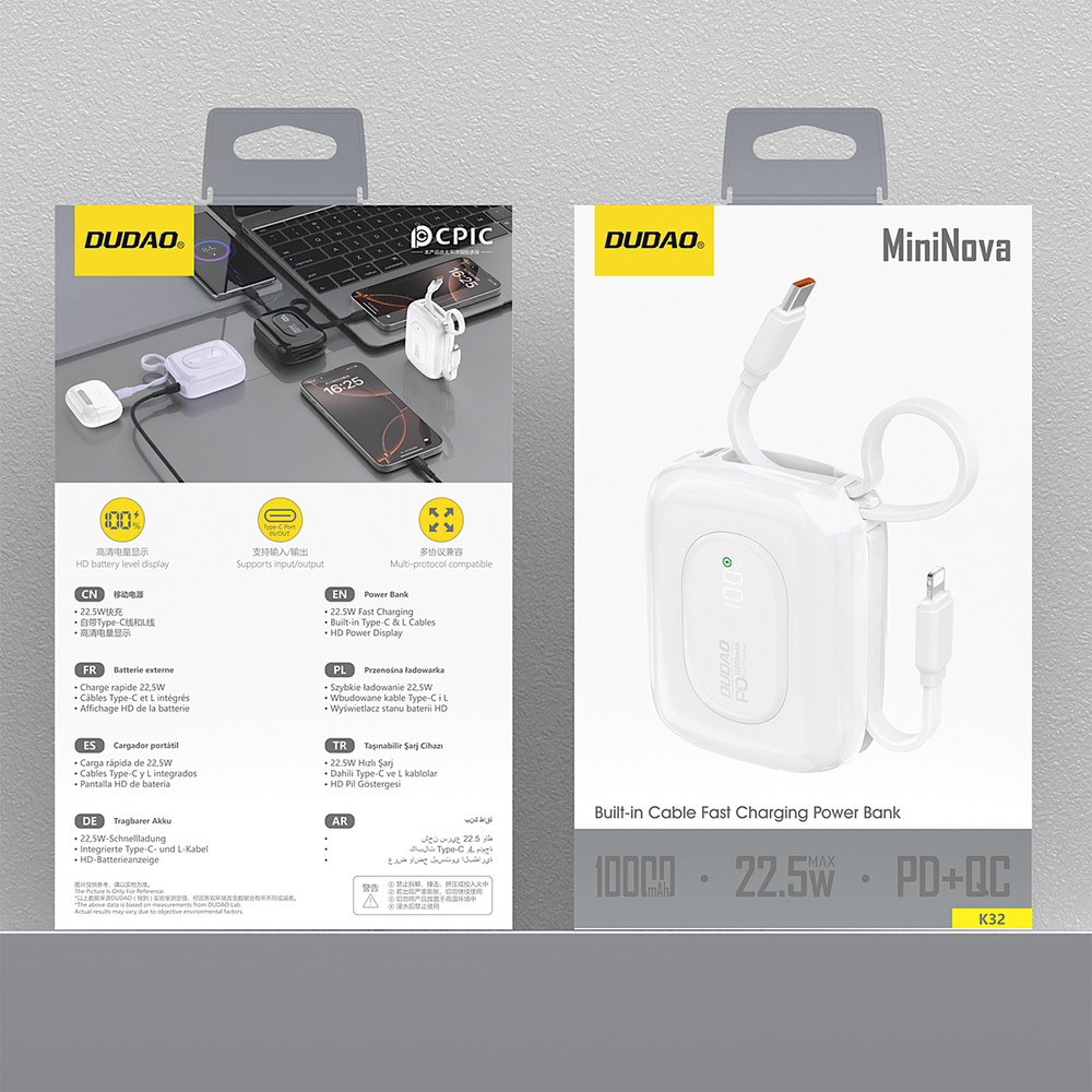 Dudao K32 22,5 W 10000 mAh išorinė baterija su integruotu USB-C / „Lightning“ laidu – baltos spalvos