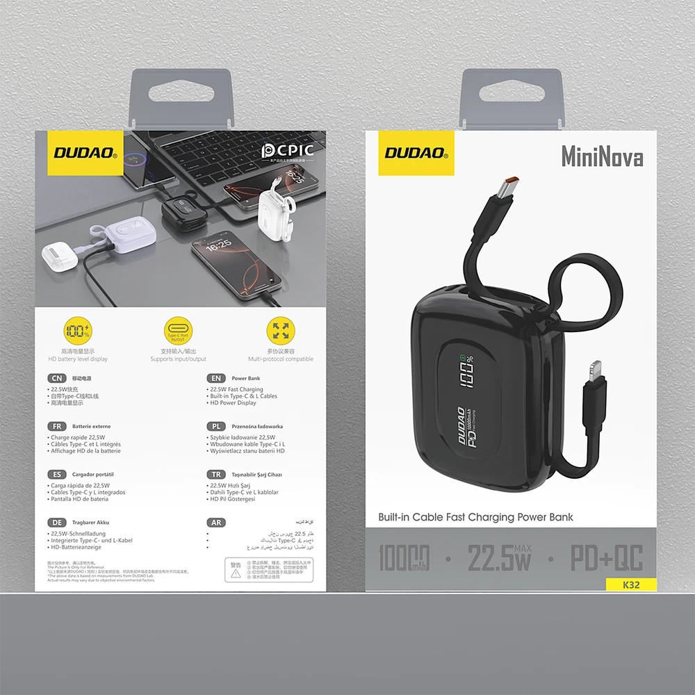 Dudao K32 išorinė baterija 22,5 W 10000 mAh su integruotu USB-C / „Lightning“ laidu – Juodas