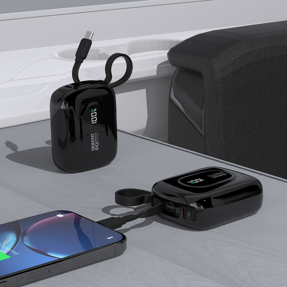Dudao K32 išorinė baterija 22,5 W 10000 mAh su integruotu USB-C / „Lightning“ laidu – Juodas