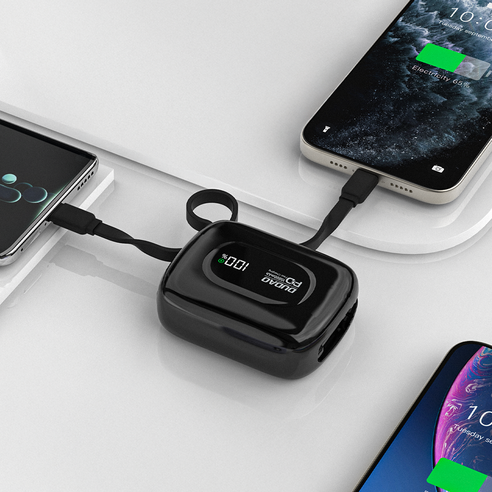 Dudao K32 išorinė baterija 22,5 W 10000 mAh su integruotu USB-C / „Lightning“ laidu – Juodas