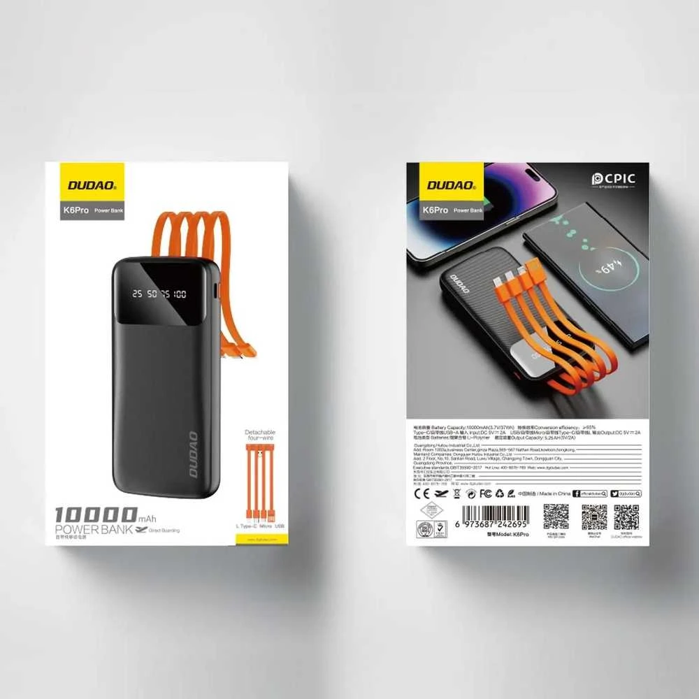 „Dudao K6Pro“ universalus 10 000 mAh maitinimo blokas su USB kabeliu, USB tipas C, žaibo juodas (K6Pro-juodas)