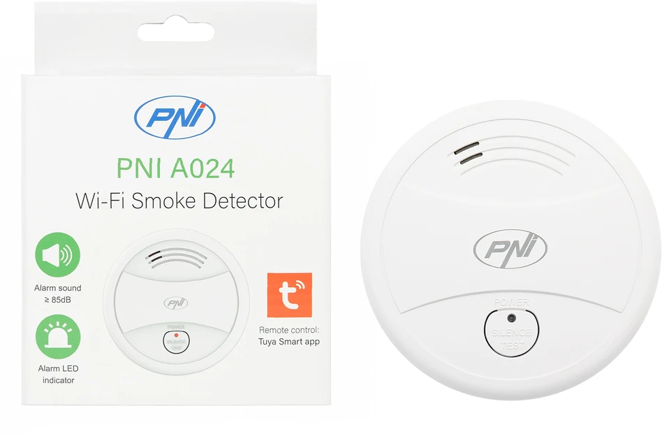 Dūmų jutiklis PNI A024 su „Wi-Fi“, valdymas per „Tuya Smart“ programėlę, maitinimas 9V baterija, 85dB, garsinis ir vaizdinis signalas, tylusis aliarmas