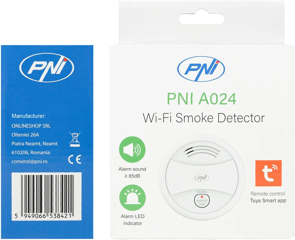 Dūmų jutiklis PNI A024 su „Wi-Fi“, valdymas per „Tuya Smart“ programėlę, maitinimas 9V baterija, 85dB, garsinis ir vaizdinis signalas, tylusis aliarmas