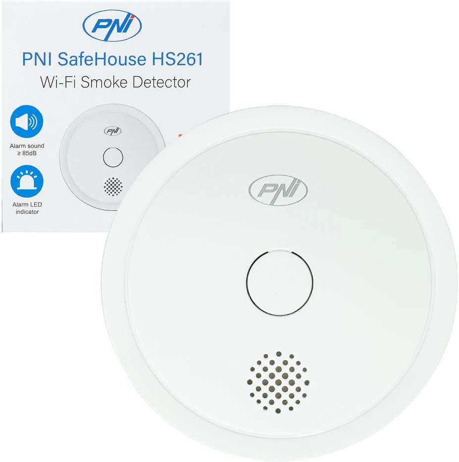 Dūmų jutiklis PNI SafeHouse HS261 su „Wi-Fi“, valdymas per „Tuya Smart“ programėlę, 3V baterijos maitinimas, 85dB, garsinis ir vaizdinis signalas, tylusis aliarmas