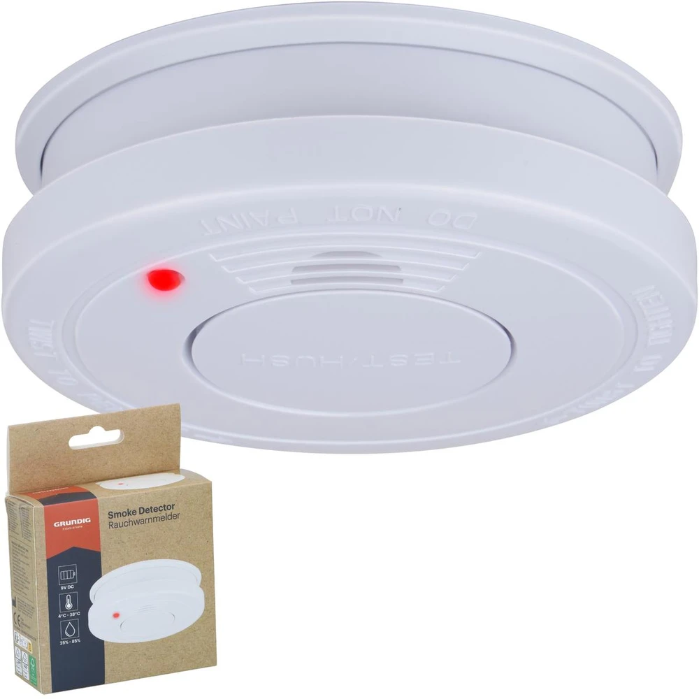 DŪMŲ JUTIKLIS PRIEŠGAISRINIS SIGNALIZATORIUS 85dB 9V BATERIJA GRUNDIG 430843