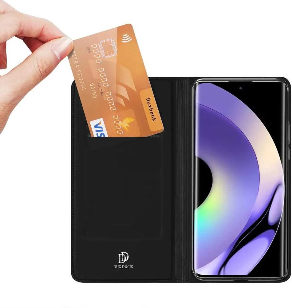 Dux Ducis Skin Pro Realme 10 Pro atverčiamas Card Wallet su stoveliu dėklas telefonui juodos spalvos