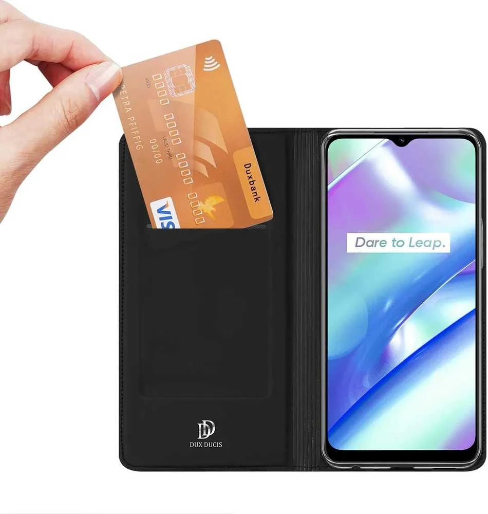 Dėklas Dux Ducis Skin Pro Realme C33 atverčiamas Card Wallet su stoveliu dėkals telefonui juodos spalvos