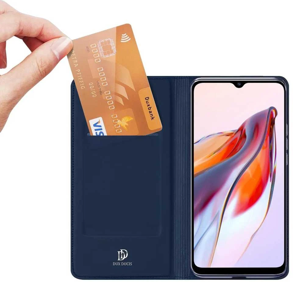 Dux Ducis Skin Pro Xiaomi Redmi 11A / Poco C55 / Redmi 12C atverčiamas Card Wallet su stoveliu dėklas telefonui mėlynos spalvos