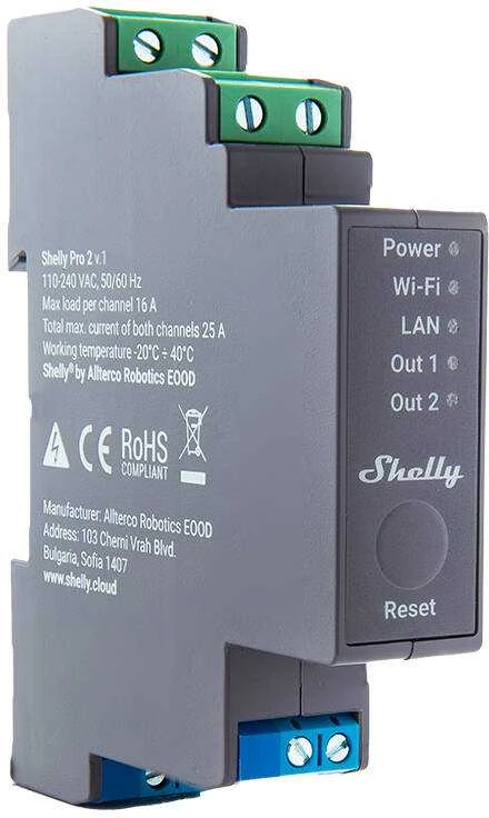 Shelly PRO 2 išmanioji 2 kanalų relė valdoma Wifi LAN ar Bluetooth montuojama ant DIN bėgelio