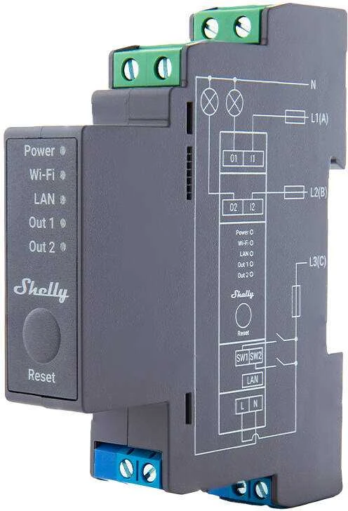 Shelly PRO 2 išmanioji 2 kanalų relė valdoma Wifi LAN ar Bluetooth montuojama ant DIN bėgelio
