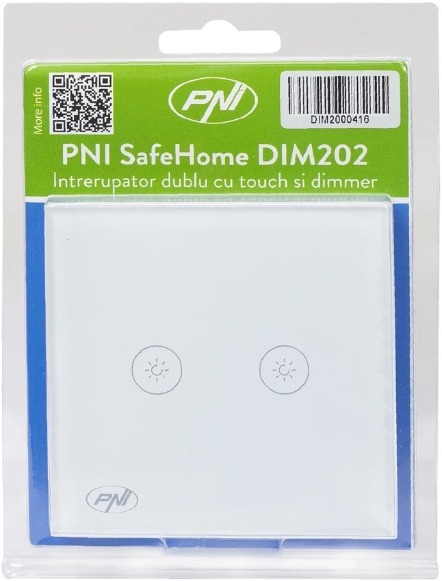 Dvigubas jungiklis su lietimui jautriu valdymu ir šviesos reguliatoriumi PNI SafeHome DIM202, 2X700W, su fazės laidu, be nulio, stiklinis