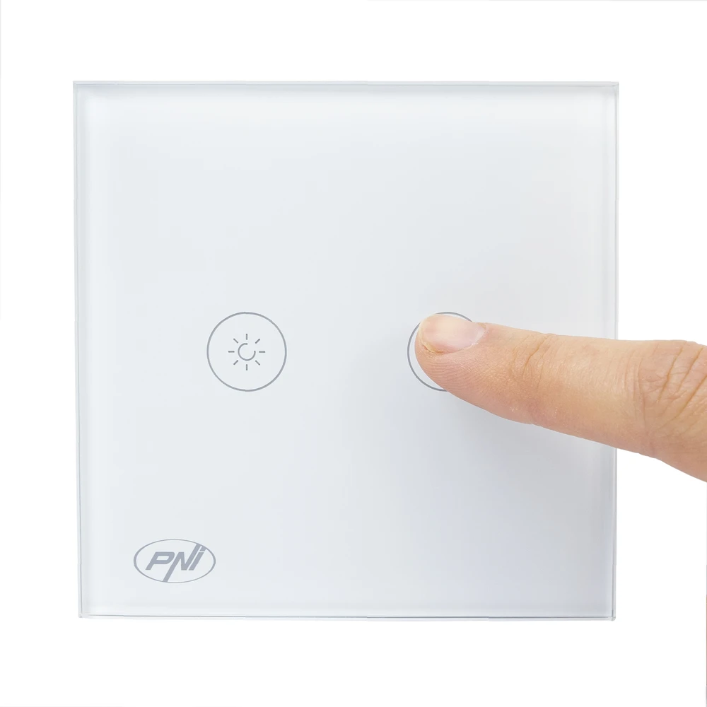 Dvigubas jungiklis su lietimui jautriu valdymu ir šviesos reguliatoriumi PNI SafeHome DIM202, 2X700W, su fazės laidu, be nulio, stiklinis