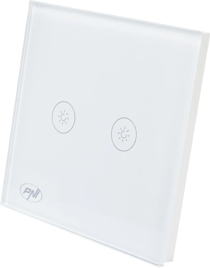 Dvigubas jungiklis su lietimui jautriu valdymu ir šviesos reguliatoriumi PNI SafeHome DIM202, 2X700W, su fazės laidu, be nulio, stiklinis