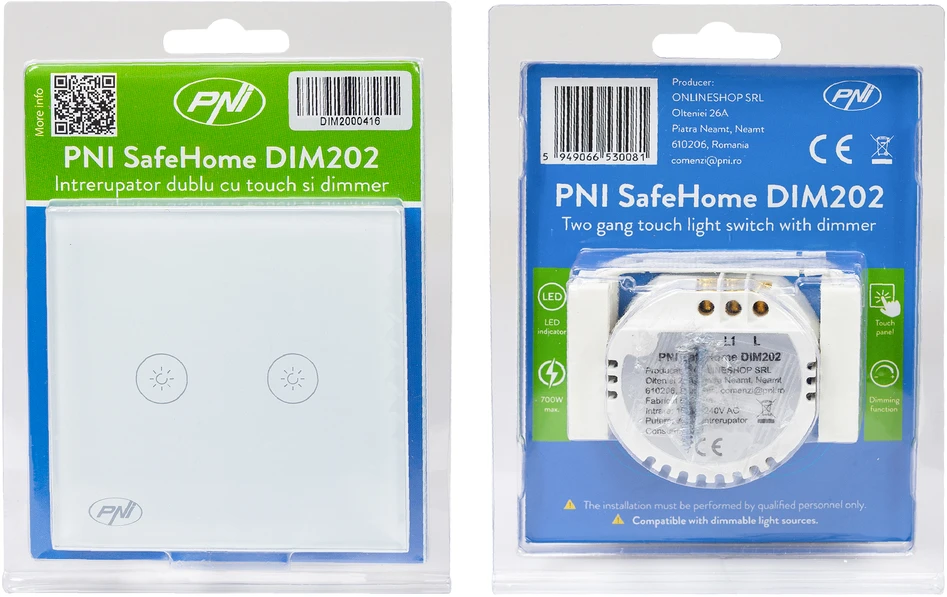 Dvigubas jungiklis su lietimui jautriu valdymu ir šviesos reguliatoriumi PNI SafeHome DIM202, 2X700W, su fazės laidu, be nulio, stiklinis