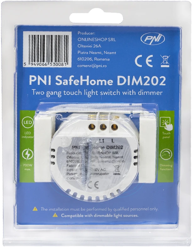 Dvigubas jungiklis su lietimui jautriu valdymu ir šviesos reguliatoriumi PNI SafeHome DIM202, 2X700W, su fazės laidu, be nulio, stiklinis