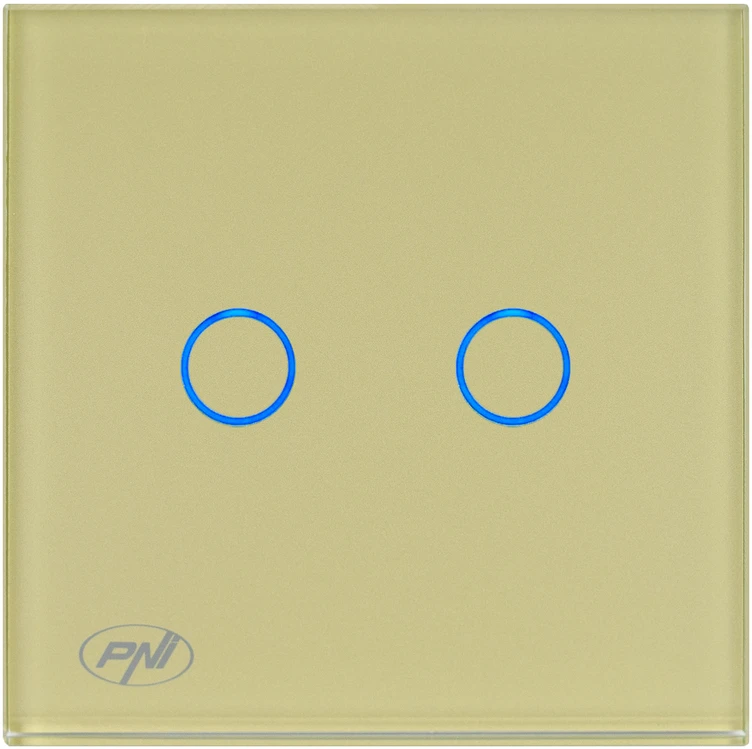 Dvigubas jutiklinis jungiklis PNI SH202G, pagamintas iš stiklo, auksinės spalvos su auksiniu LED indikatoriumi